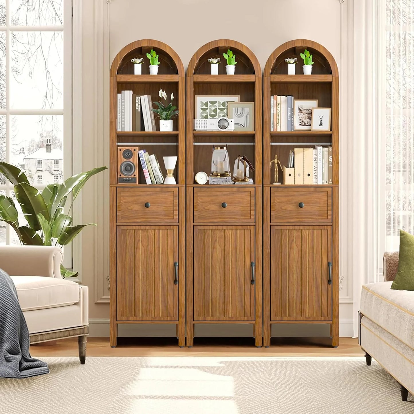 Oubayajia 64" Tall Bathroom Storage Cabinet, Narrow Tall Arched Linen Standing Tower Cabinet, Kitchen Cupboard with Adjustable Shelf and Drawer