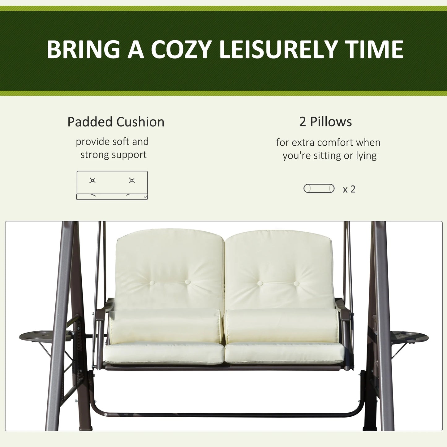 Outsunny 2-Person Patio Swing Bench with Adjustable Shade Canopy, Soft Cushions, Throw Pillows and Tray, Beige.