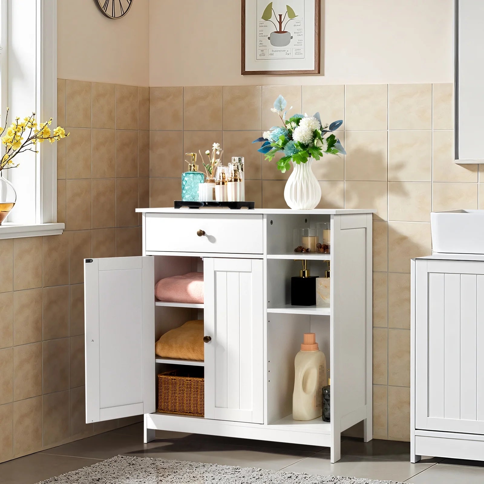 Zimtown Wooden 2-Door Bathroom Cabinet Storage Organizer with 2 Shelves& 1 Drawer & Three-layer Side Rack, White