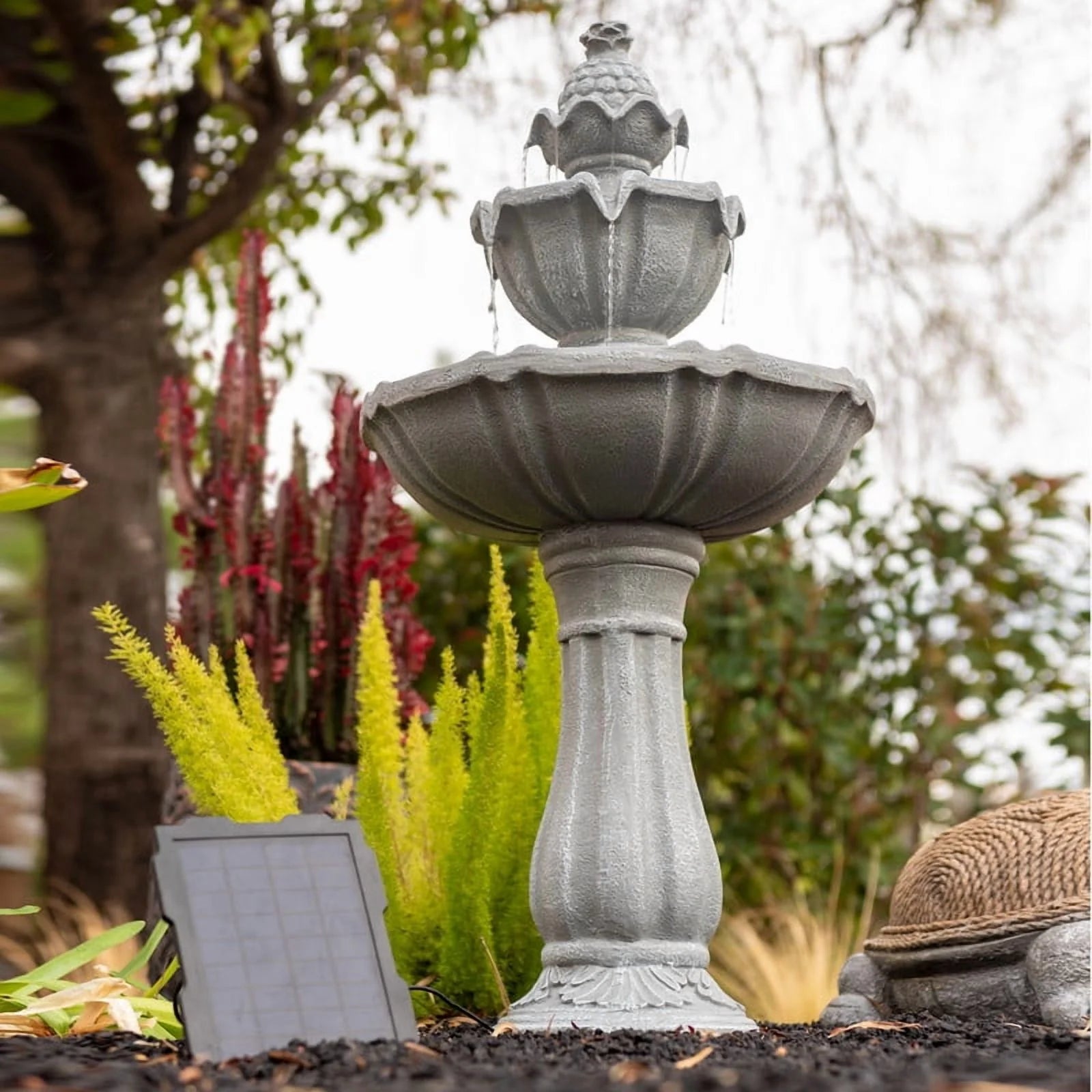 XBrand 36.2" 2-Tier Outdoor Freestanding Solar Water Fountain - Classic Design, Grey Resin Bird Bath with Pump - Ideal for Yard, Lawn and Garden, Porch Dcor