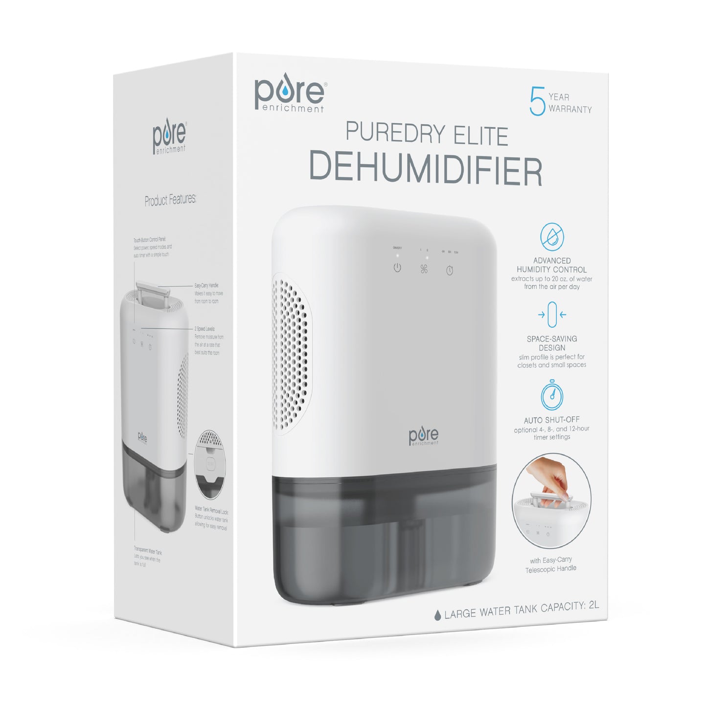 Pure Enrichment PureDry Elite Dehumidifier - Extra-Large 2L Water Tank with Auto Shut-Off, Removes 20 oz. (600 mL) per day of Moisture from Closets, Bathrooms, RVs, Basements, Bedrooms, and Offices