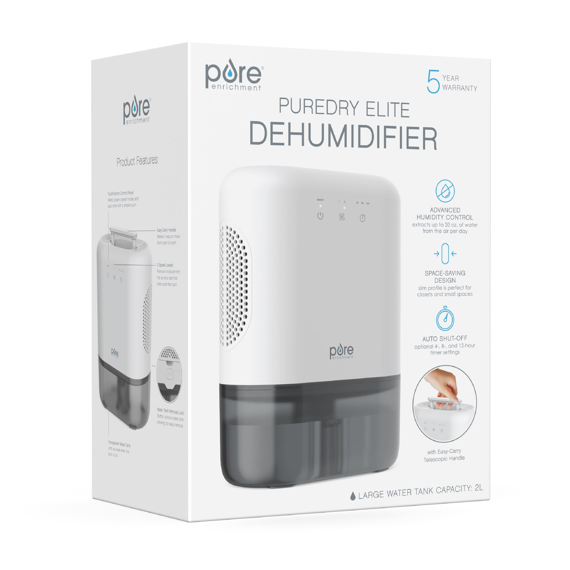 Pure Enrichment PureDry Elite Dehumidifier - Extra-Large 2L Water Tank with Auto Shut-Off, Removes 20 oz. (600 mL) per day of Moisture from Closets, Bathrooms, RVs, Basements, Bedrooms, and Offices
