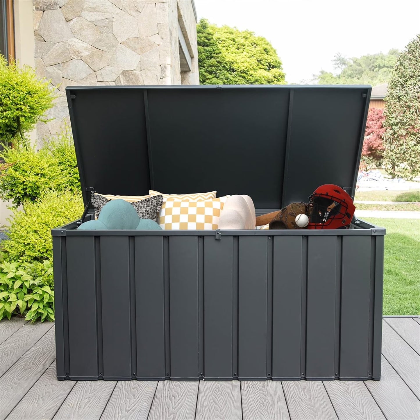 100 Gallon Outdoor Storage Deck Box Waterproof, Large Patio Poolside Storage Bin for Outside Cushions, Throw Pillows, Garden Tools (Dark Gray)