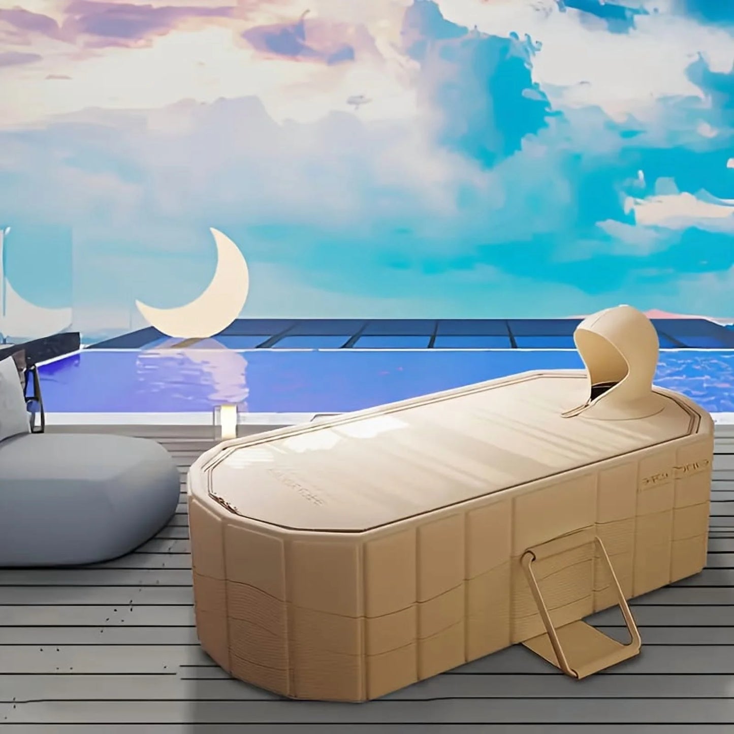 Portable Hot Tub & Ice Bath - Foldable, No Installation, Dual Drainage - Relaxation, Cold Water Therapy, Perfect Gift for Christmas & Halloween - Beige