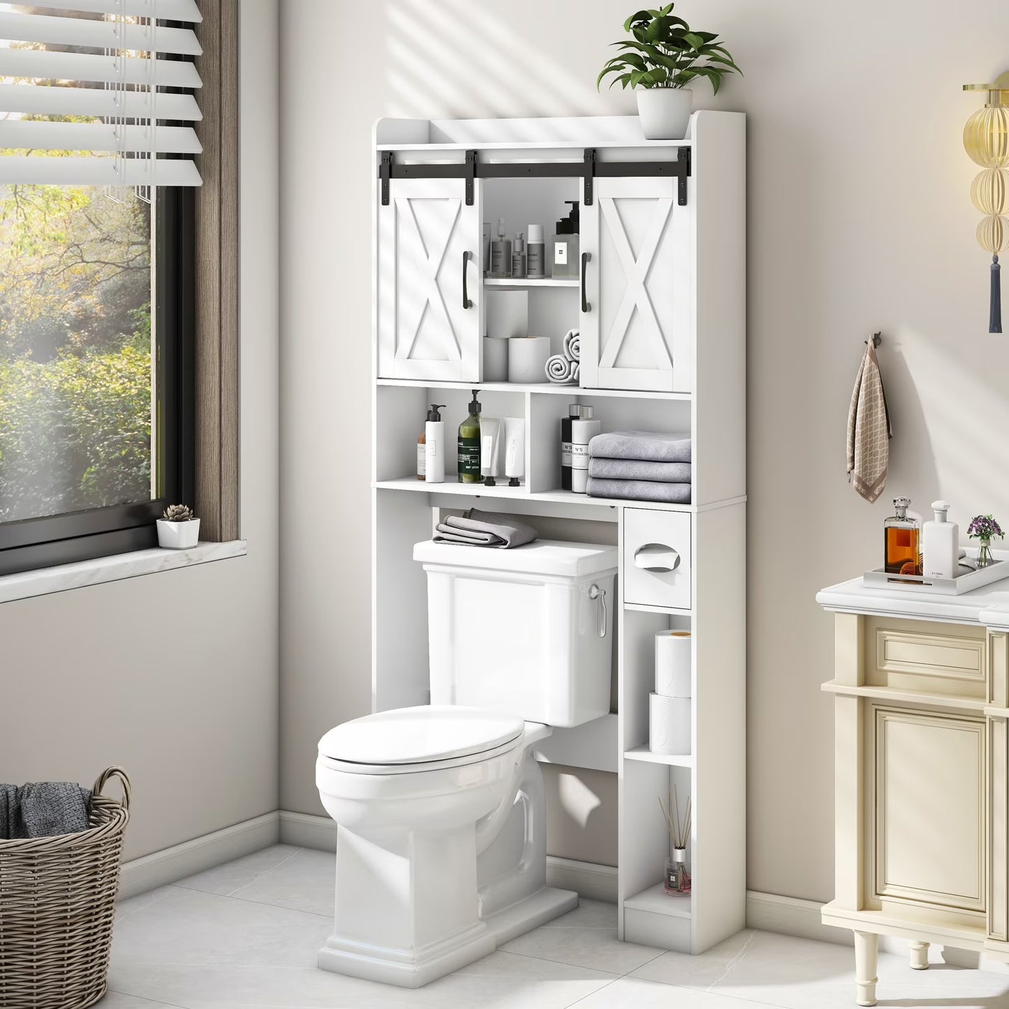 Over The Toilet Storage Cabinet, Farmhouse Storage Cabinet Over Toilet with Sliding DoorsHome Space-Saving Toilet Rack, for Bathroom, Restroom, Laundry