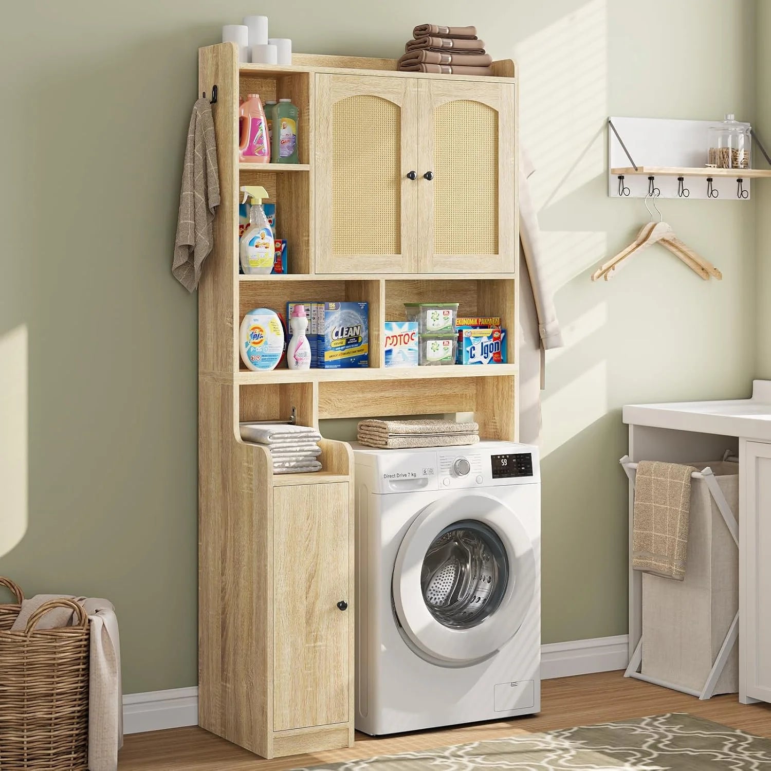 Over The Toilet Storage Cabinet with 3 Doors, Farmhouse Space Saver for Bathroom Organizer with Paper Holder, 10 Shelves and Hooks, 7-Tier Over Washing Machine Cabinet for Laundry, Bathroom, Natural
