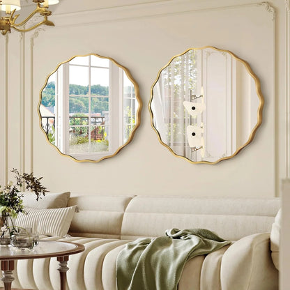 octopus Gold Round Wavy Mirror for Wall, 24"x24" Circle Scalloped Wall Mirror with Brushed Alloy Steel Frame& Shatter-Proof Glass, Hanging Decorative Mirror for Bathroom, Bedroom, Entryway