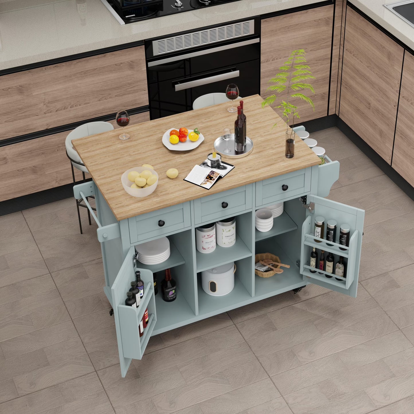 52.7" Width Rolling Mobile Kitchen Island with Solid Wood Top and Locking Wheels, Moveable Kitchen Island Cart with Storage Cabinet, Drop Leaf Breakfast Bar, Spice Rack, Towel Rack, Drawer