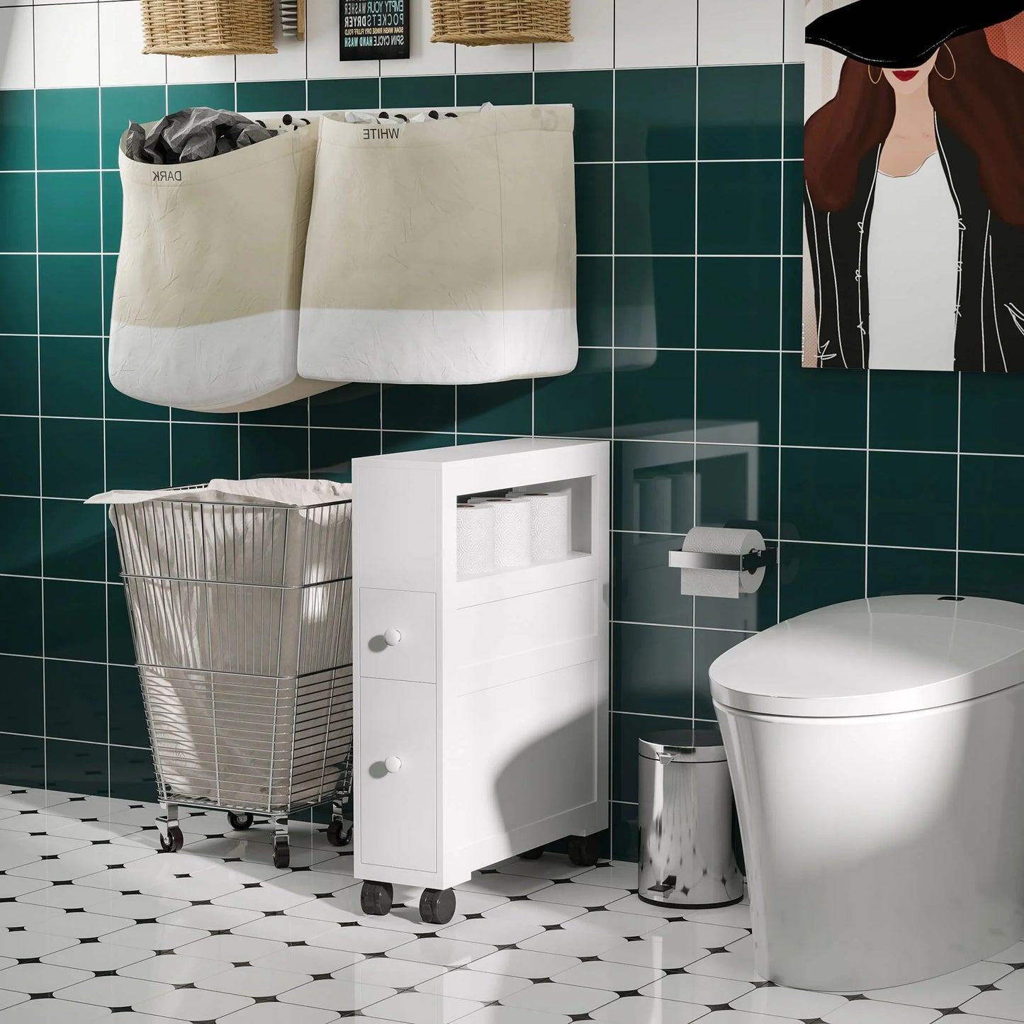 Homcom Wood Rolling Bathroom Side Storage Cabinet, White