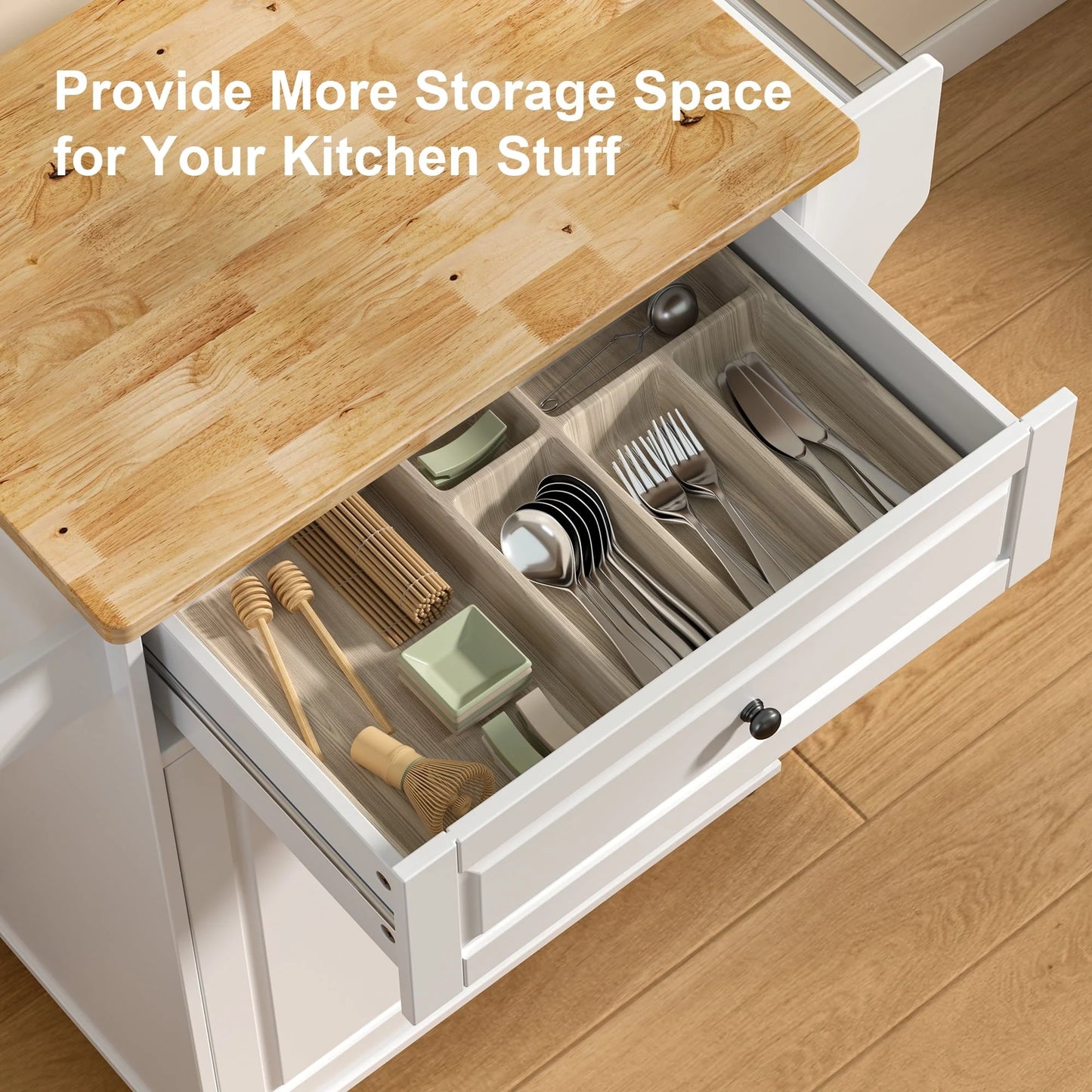 Kitchen Island with Storage on Wheels, Microwave Cart with Spice Rack, Towel Rack & Drawer, White