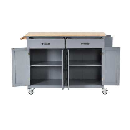 EUROCO Kitchen Island Cart with Solid Wood Top and Locking Wheels, 4 Door Cabinet and Two Drawers, Spice Rack and Towel Rack, Gray