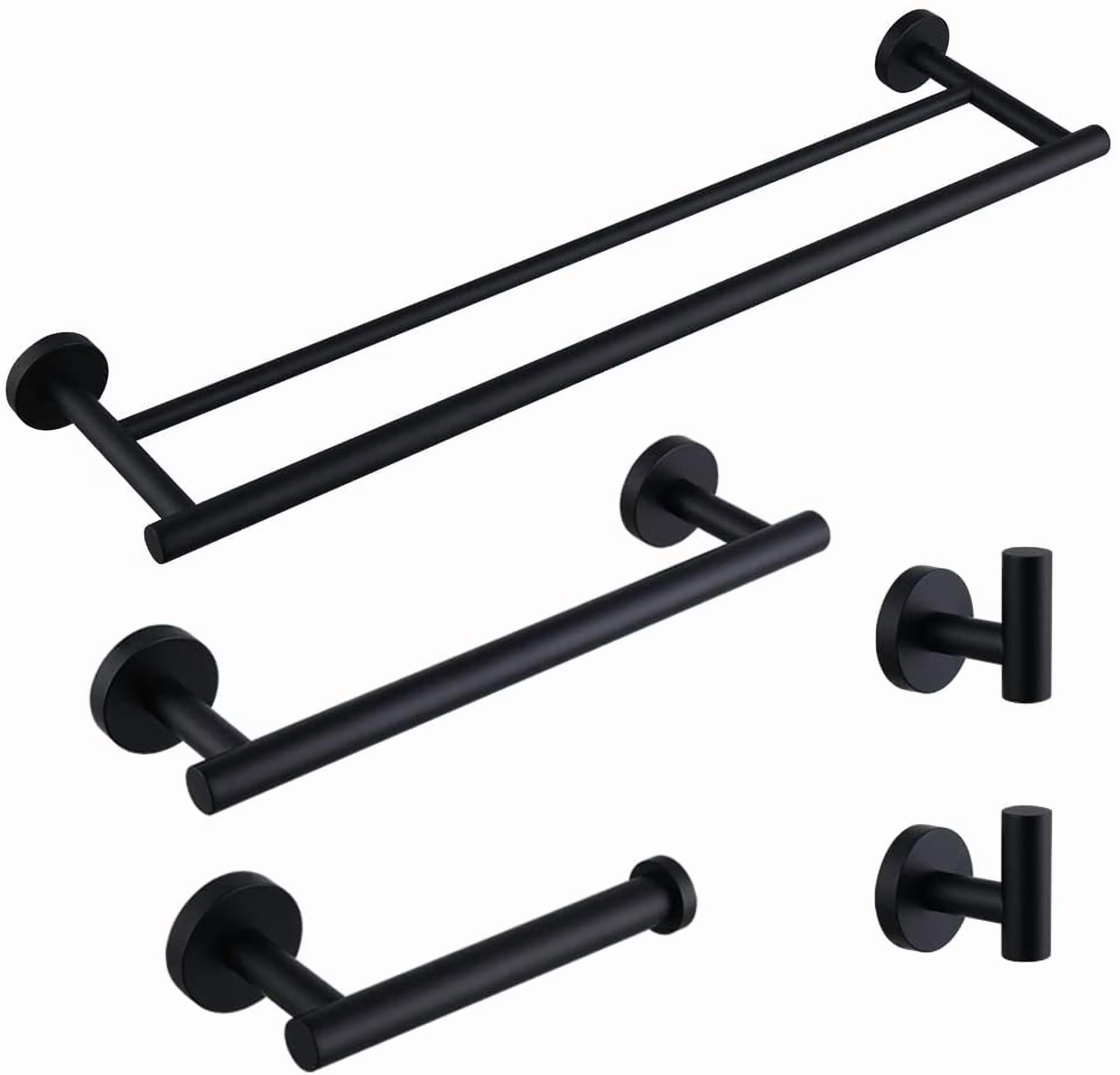 Matte Black Bathroom Accessories Kit 5-Pieces Bathroom Hardware Set Wall Mounted - Includes 24" Double Towel Bar, 12" Hand Towel Bar, Toilet Paper Holder, 2X Robe Towel Hooks ...