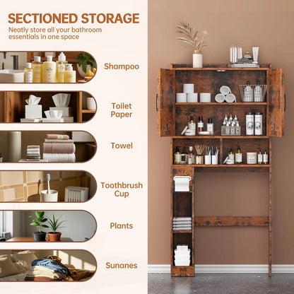 Selooye Over The Toilet Storage Cabinet, 32'' Farmhouse Storage Cabinet Over Toilet with 2 Barn Door, Toilet Paper Holder Stand and Adjustable Shelves, Toilet Rack for Bathroom, Restroom, Laundry