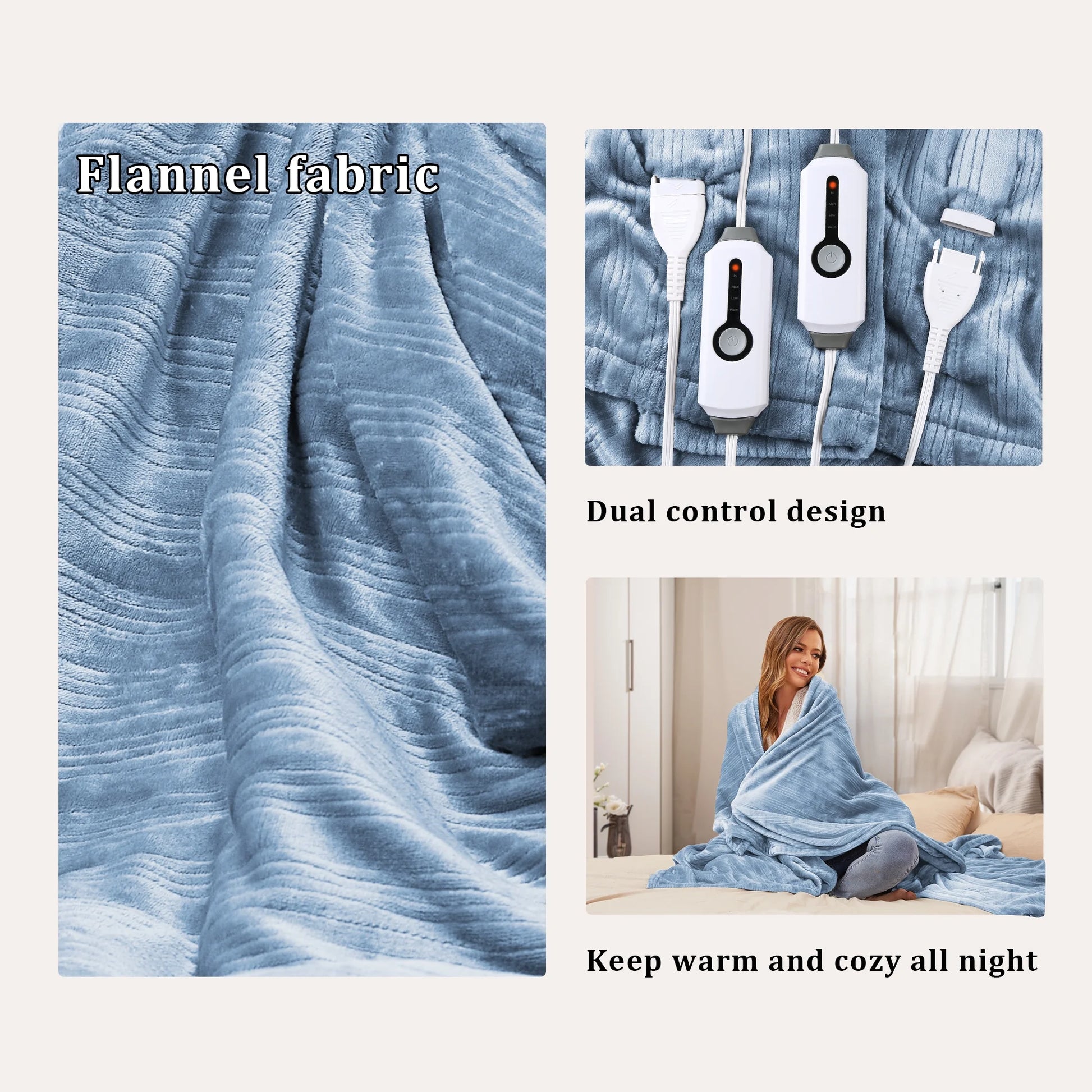 Electric Heated Blanket 84'' x 90'' Queen Size Flannel Machine Washable, Warm and Cozy all Night, Dual Control-Light Blue