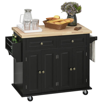 HOMCOM Kitchen Island on Wheels, Rolling Cart with Rubberwood Top, Spice Rack, Towel Rack