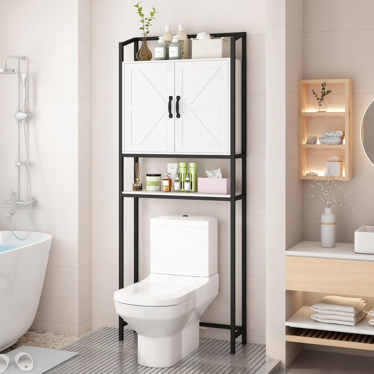 HAUXITIO Over The Toilet Storage Cabinet, Bathroom Space Saving Toilet Shelf with 2 Doors and 3 Adjustable Shelf, White