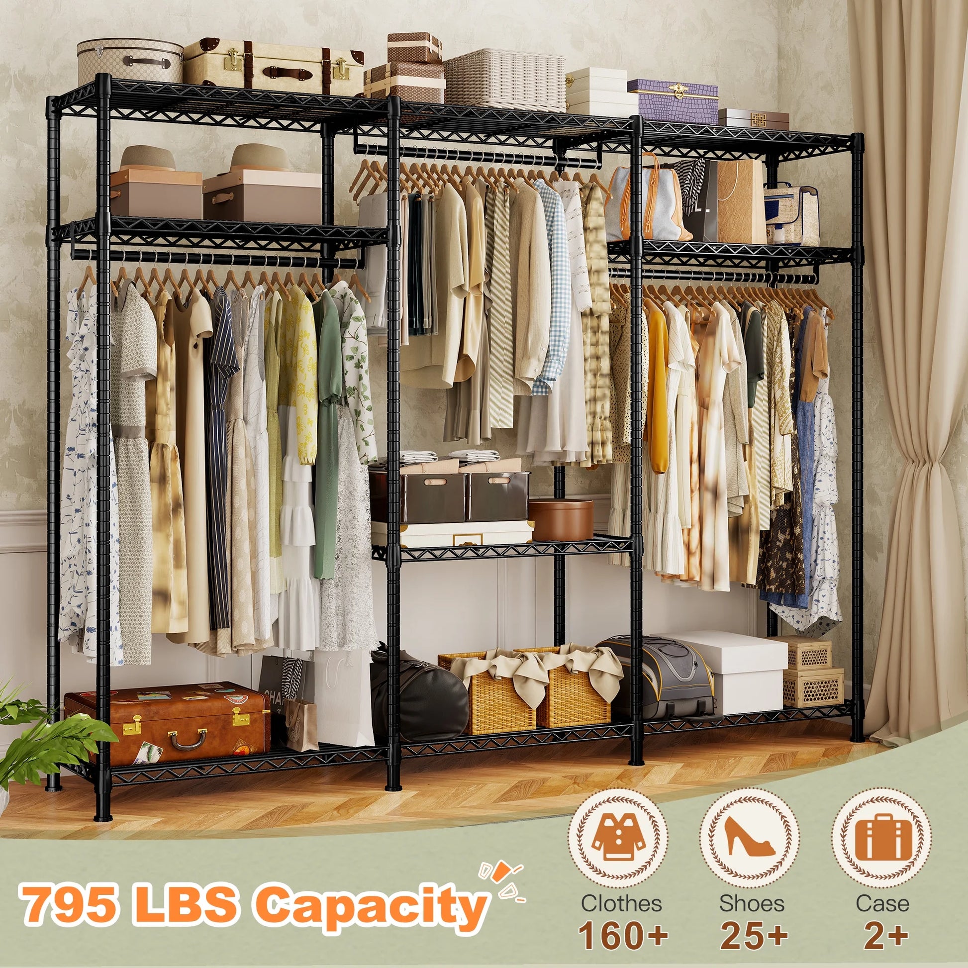 EnHomee Clothing Rack Portable Closet Organizer with 9 Shelves & 3 Rods,Heavy Duty Adjustable Wardrobe Rack 795 LBS CapacityBlack