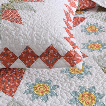 3 Pcs 100% Cotton Sunflower Pattern Patchwork Quilt Bedspread Set|Farmhouse Bedding Set for All Seasons