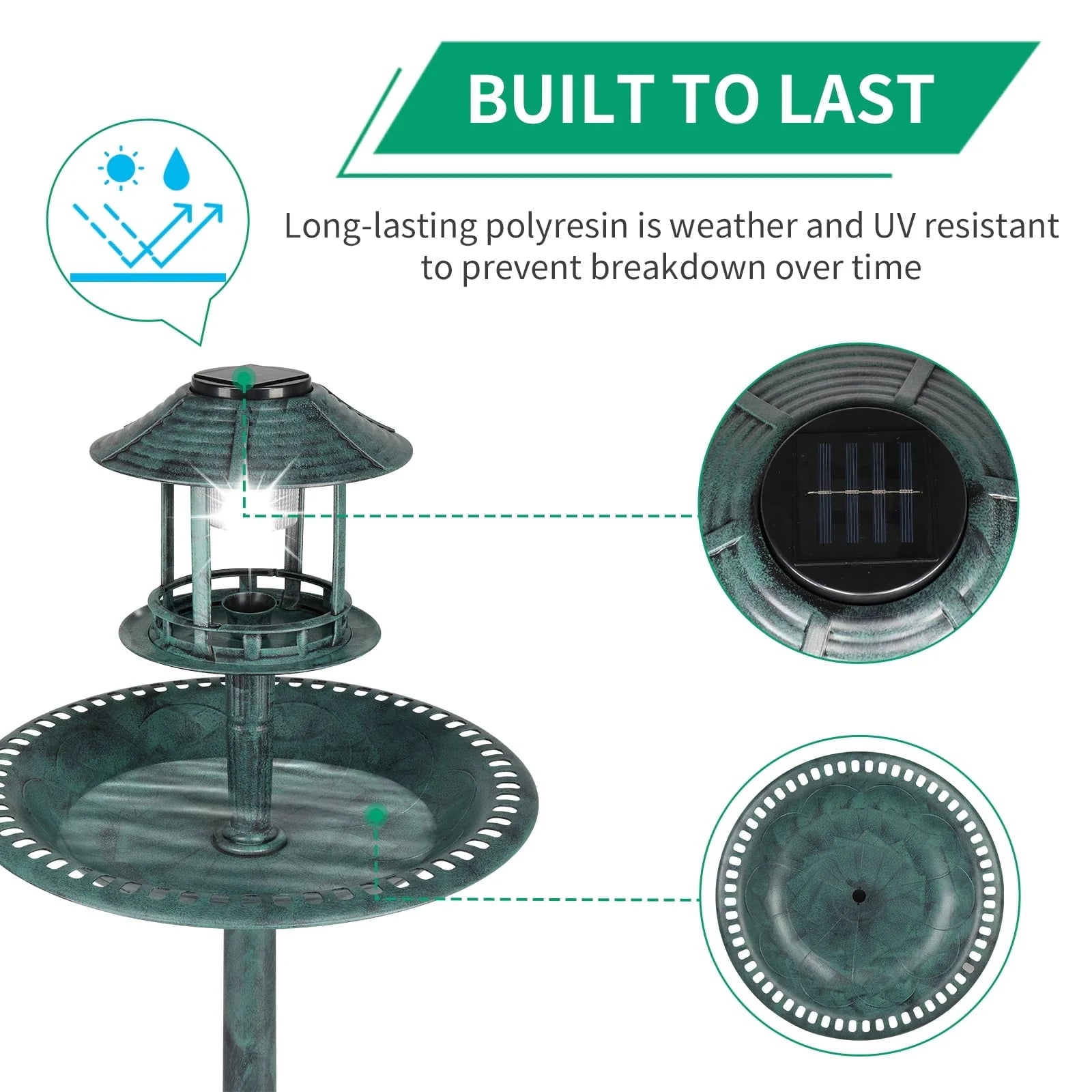 UBesGoo Bird Bath Dark Green 42 Inch w/Solar Light Antique Copper Weather Resistant Birdbaths