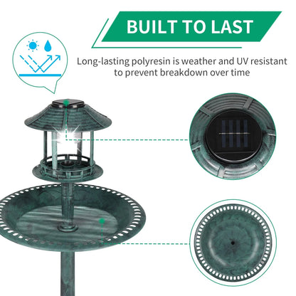 UBesGoo Bird Bath Dark Green 42 Inch w/Solar Light Antique Copper Weather Resistant Birdbaths