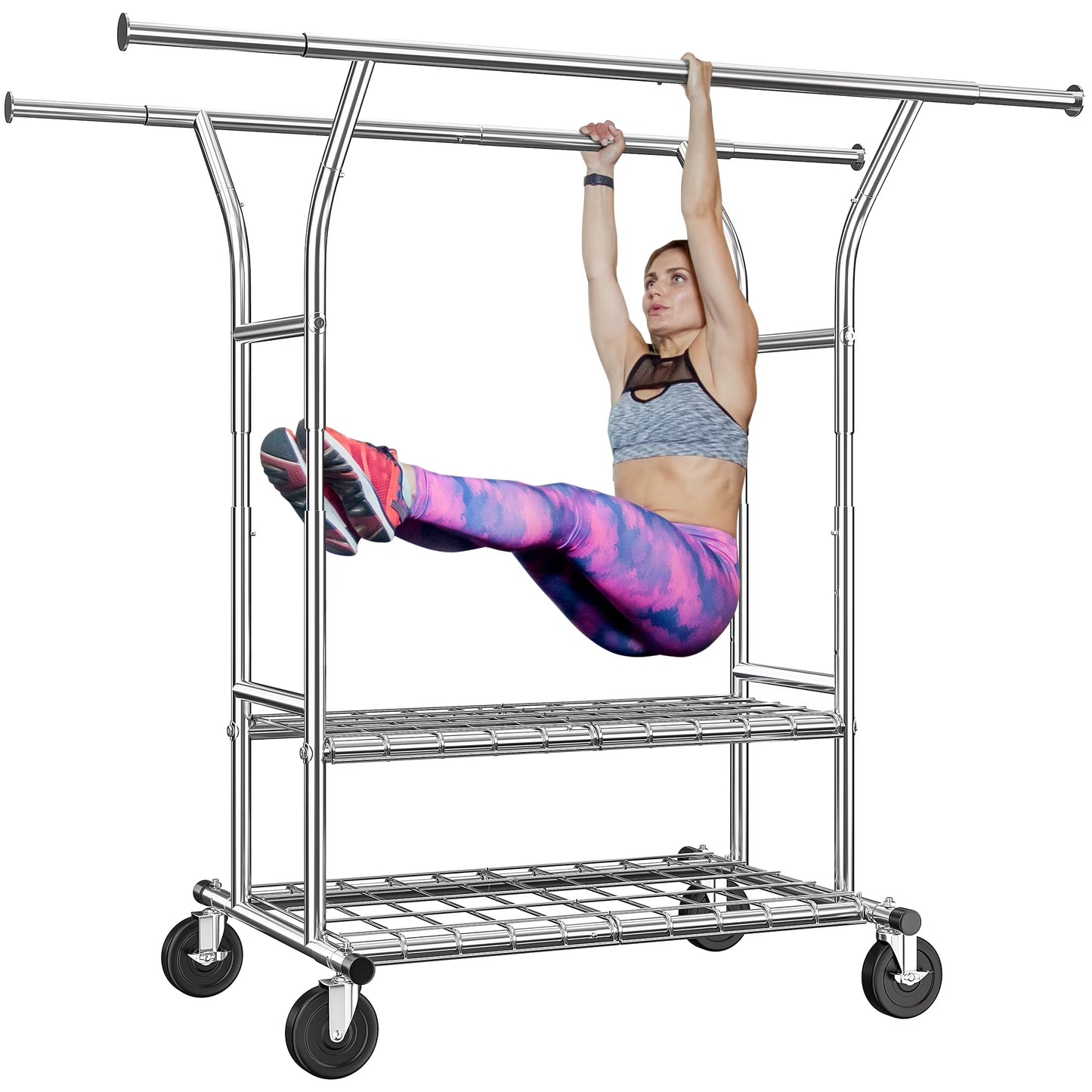 Clothes Rack with Wheels, Heavy-Duty Garment Rack for Hanging Clothes, Adjustable Freestanding Wardrobe Organizers and Storage with Double Sheves
