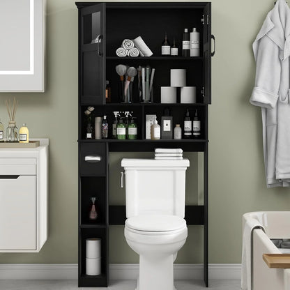 Over The Toilet Storage Cabinet, Storage Cabinet Over Toilet with Double Doors & Toilet Paper Holder Stand, Freestanding Toilet Shelf Space Saver with Anti-Tip Design & Adjustable Shelf, Black