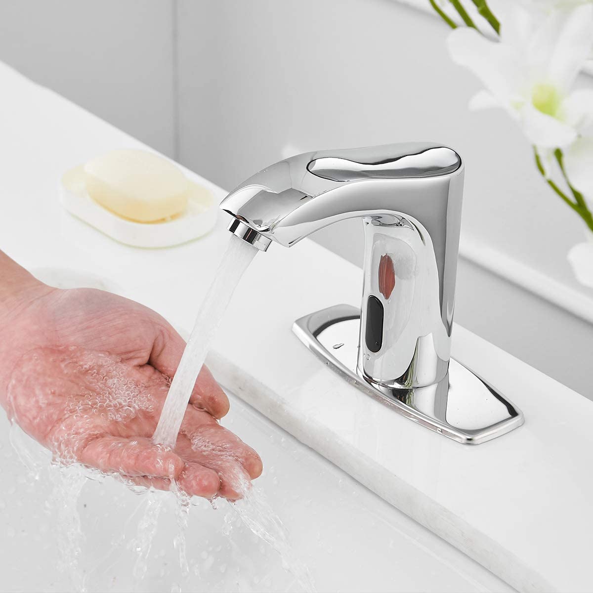 BWE Automatic Sensor Commercial Touchless Bathroom Sink Faucet Chrome with Hole Cover Deck Plate Motion Activated Hands Free with Pop Up Drain with Overflow Lead Free Hot and Cold Mixer