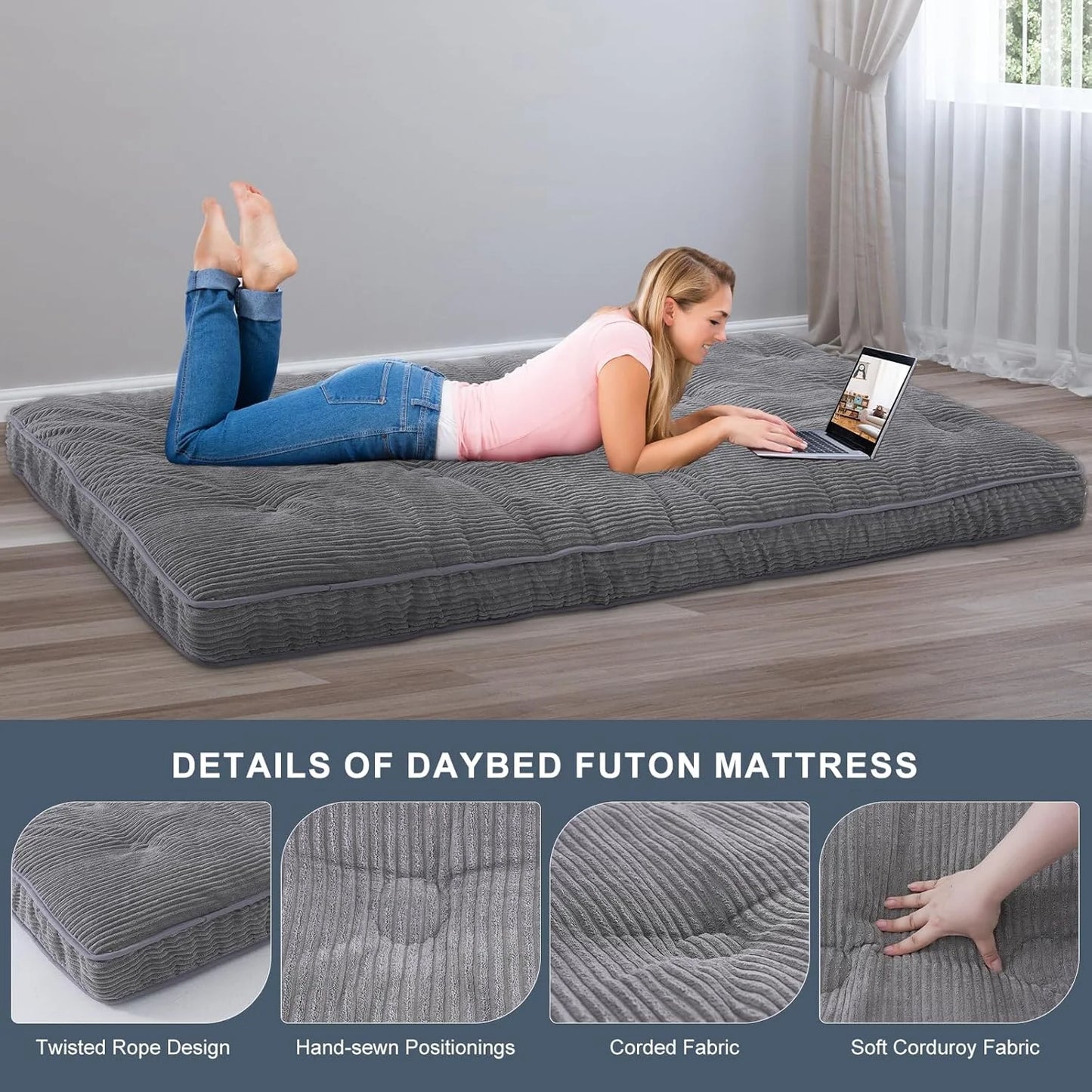 Slsy 6" Daybed Futon Mattress Memory Foam Futon Mattress, Thick Folding Sleeping Pad Breathable Floor Mattress for Adults, 5-Layer Foam Filling (Frame Not Included)