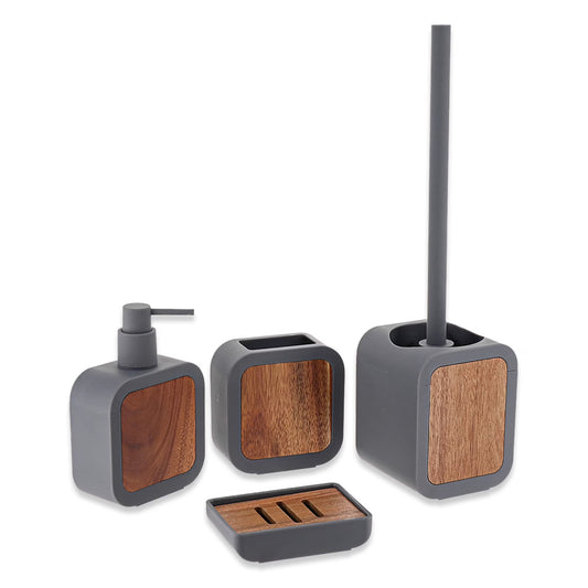 4-Piece Bathroom Accessory Set Gray Rubber and Acacia