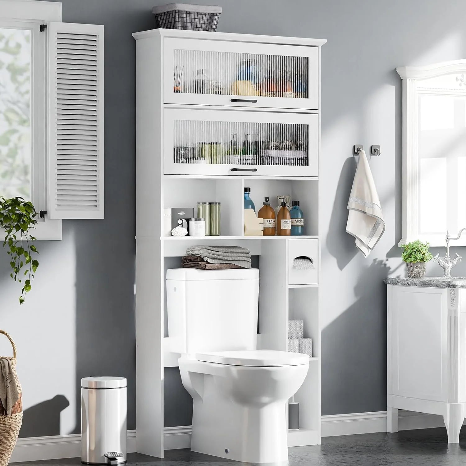 Over The Toilet Storage Cabinet with Transparent Door, Toilet Paper Storage Cabinet with Multi Layer Shelves Suitable for Bathroom, Laundry Room, Freestanding Bathroom Storage Rack,Brown