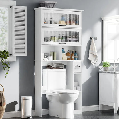 Over The Toilet Storage Cabinet with Transparent Door, Toilet Paper Storage Cabinet with Multi Layer Shelves Suitable for Bathroom, Laundry Room, Freestanding Bathroom Storage Rack,Brown
