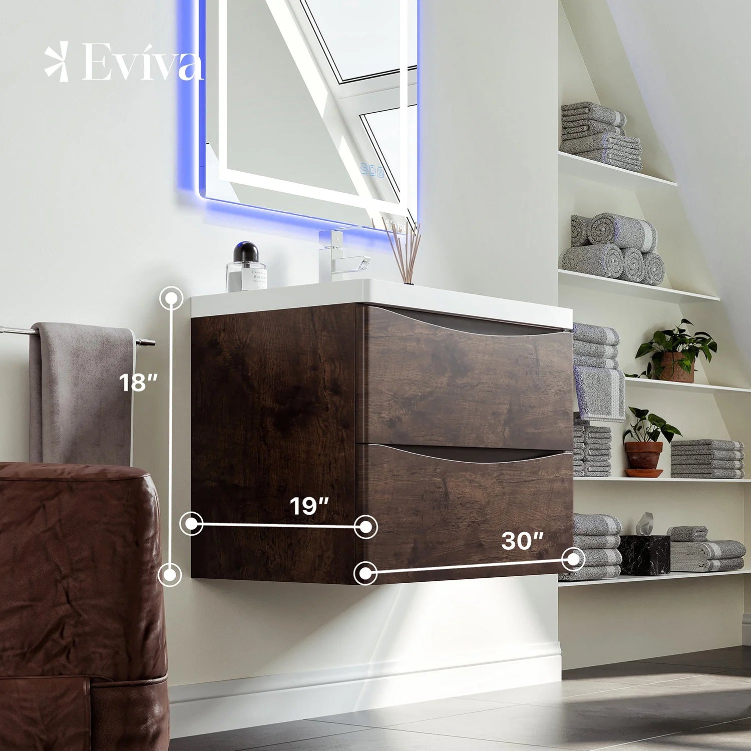 Eviva Smile 30" White Oak Wall Mount Modern Bathroom Vanity w/White Integrated Top