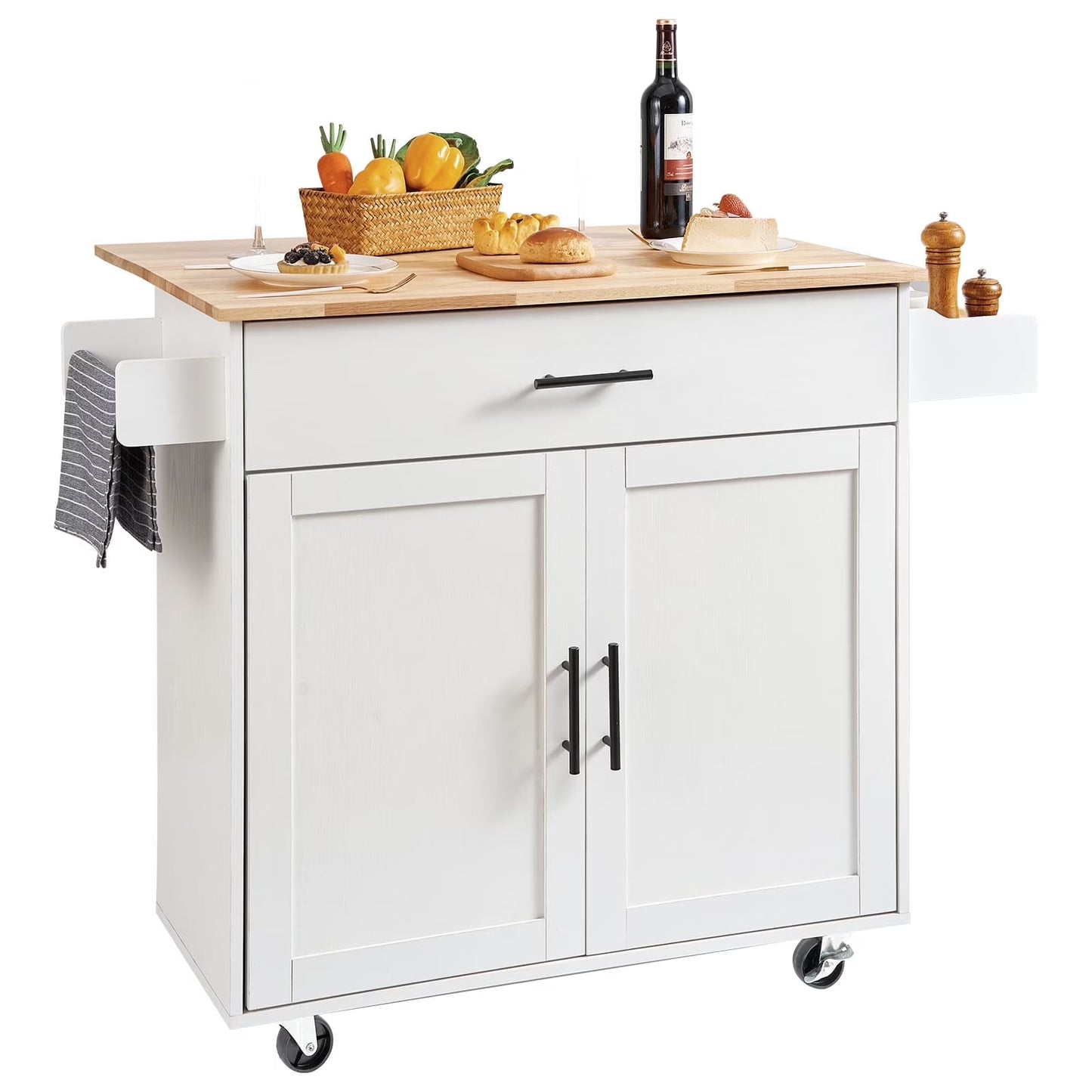 VEVOR Kitchen Island Cart with Solid Wood Top, 35.4" Width Mobile Carts with Storage Cabinet, Rolling Kitchen Table with Spice Rack, Towel Rack, Drop Leaf and Drawer