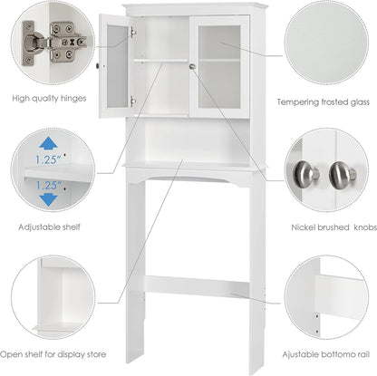 Spirich Over The Toilet Cabinet for Bathroom Storage, Above Toilet Storage Cabinet with Glass Doors, Over Toilet Storage Shelf Organizer, White