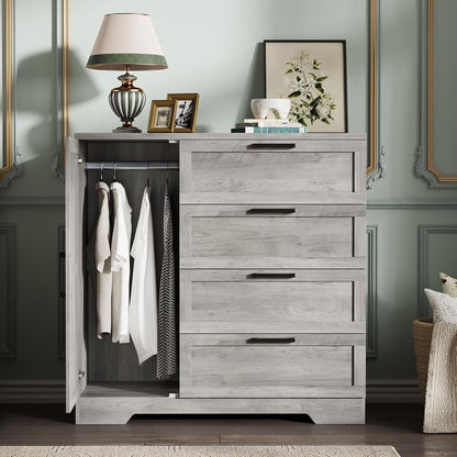 Ataucjin Wood Armoire Wardrobe Closet with 4 Drawers and Door, 43.3" H Bedroom Wardrobe Cabinet with Hanging Rod, Clothing Storage Cabinets, 4 Drawers Dresser with Storage Closet