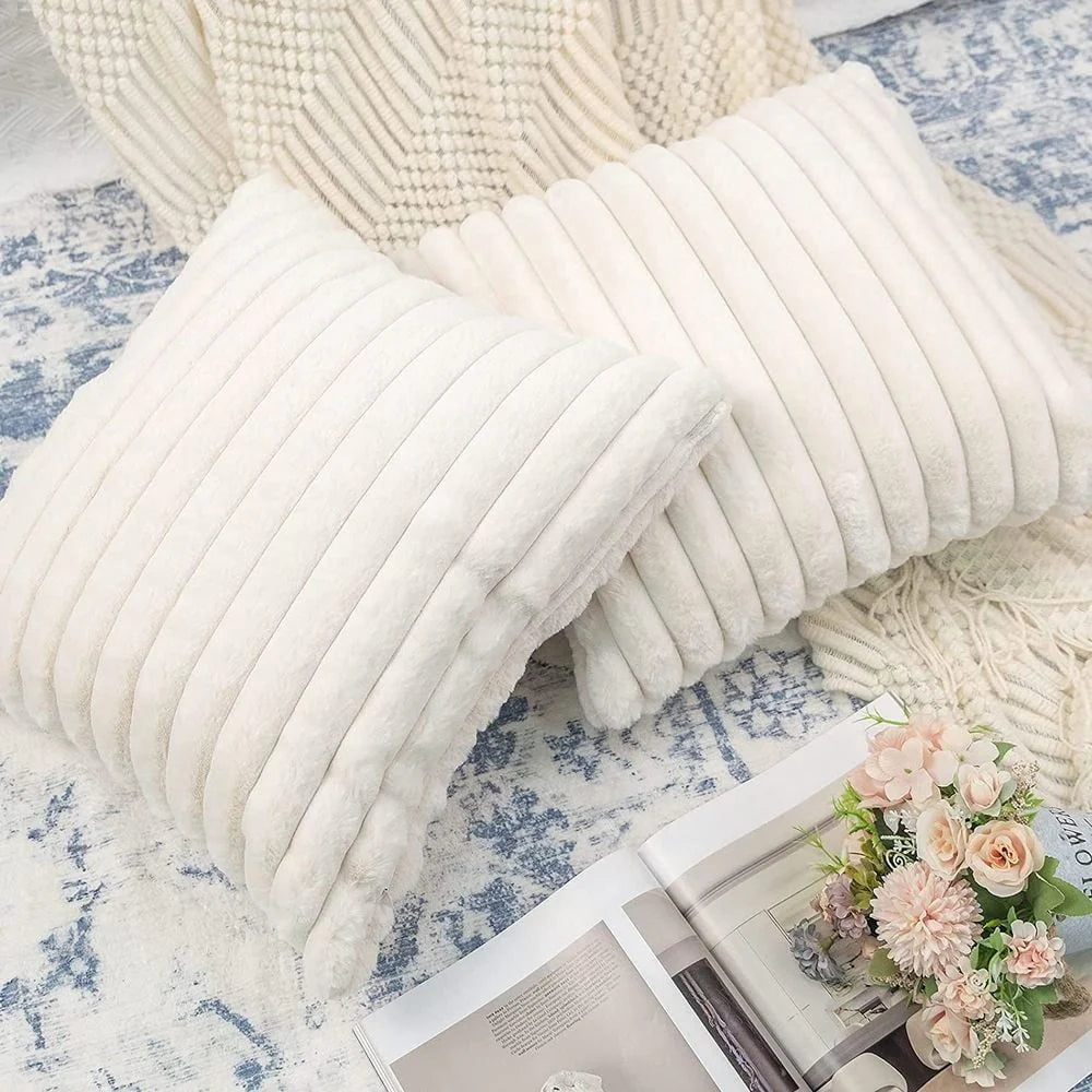 Gerich 18x18 inch Square Throw Pillow Covers with Stripes Decorative Pillows for Living Room Couch Sofa, White, Set of 2