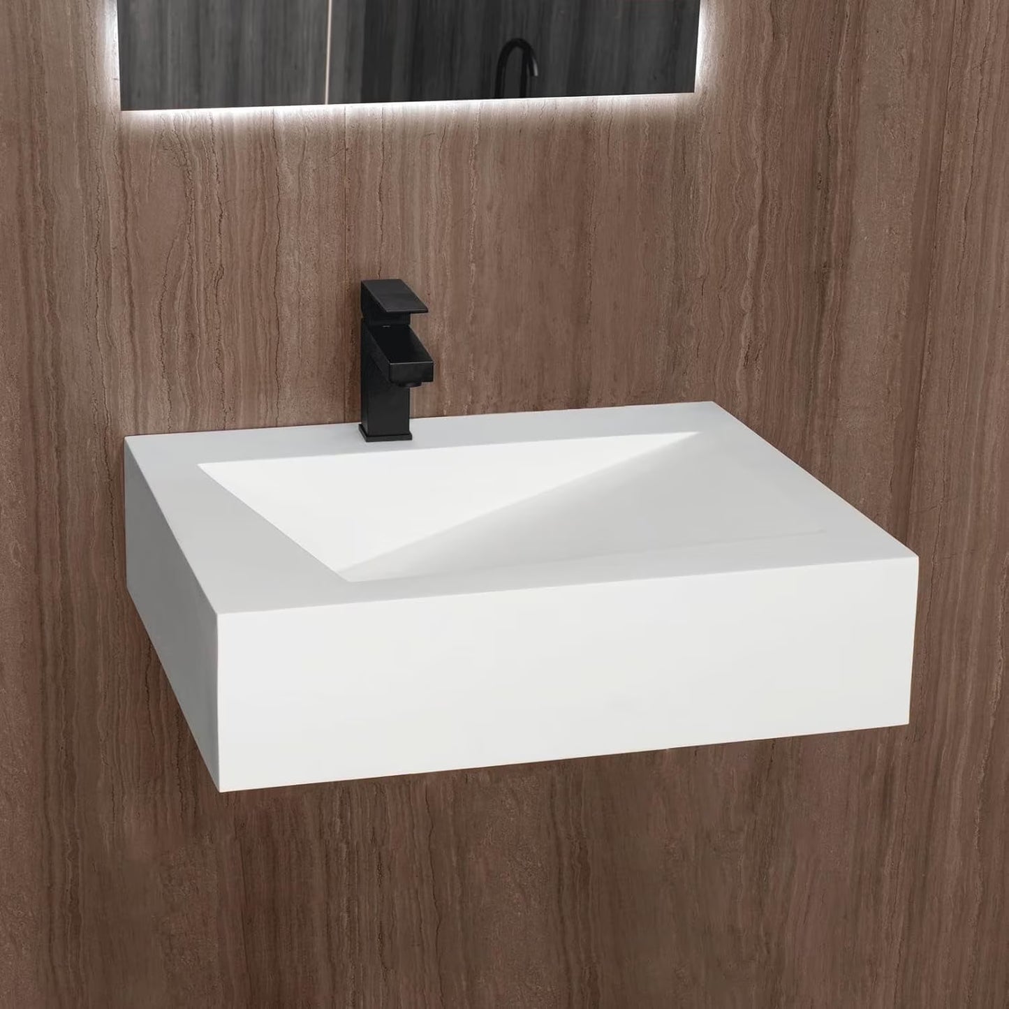 GGISHA 24"x19" Wall-Mount Stone Resin Bathroom Sink Rectangular Vessel Sinks for Bathroom Floating Vanity Sink Trough Modern Art Basin with Shelf Layer