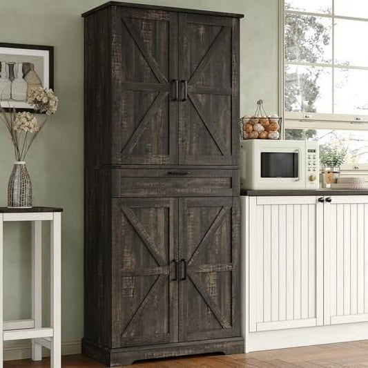 FUSOU 72'' Kitchen Storage Pantry Cabinet, Tall Storage Cabinet with 8 Door Shelves, 2 Cabinets and 1 Drawer, Freestanding Cupboard for Kitchen, Dining Room, Bathroom, Laundry