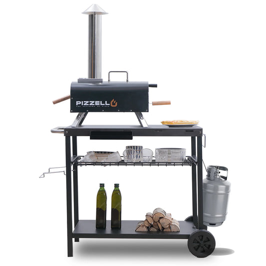 Grill Cart, Pizza Oven Stand, Outdoor bbq Prep Station with Storage, Wheel, Hook, Handle, Black Steel Tabletop, Garbage Bag Holder, Paper Towel Holder, Movable Spice Rack