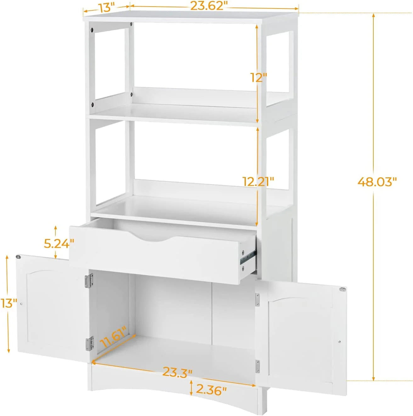 Sideboard Storage Cabinet with Drawer& Shelves, Kitchen Pantry Storage Cabinet with Microwave Space& Cupboard, Modern Freestanding Floor Bathroom Cabinet/Bookshelf for Home Office, White