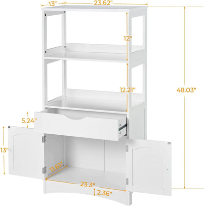 Sideboard Storage Cabinet with Drawer& Shelves, Kitchen Pantry Storage Cabinet with Microwave Space& Cupboard, Modern Freestanding Floor Bathroom Cabinet/Bookshelf for Home Office, White