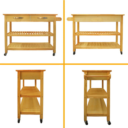 Visentor Kitchen Island Cart with Lockable Wheels, 3 Tier Rolling Utility Kitchen Storage Carts Table with 2 Drawers, 2 Shelves & Towel Rack, 45 Inch, Natural