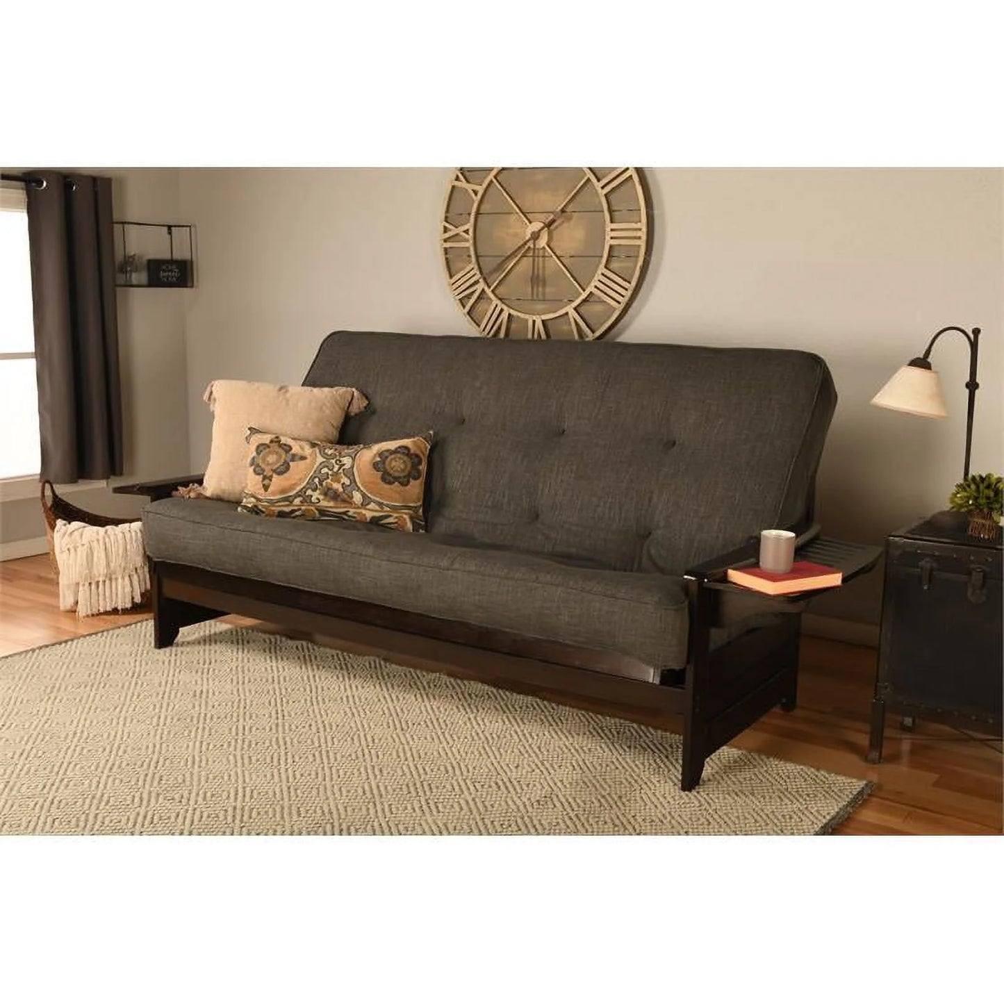 Bowery Hill Queen-size Espresso Wood Futon-Linen Charcoal Mattress