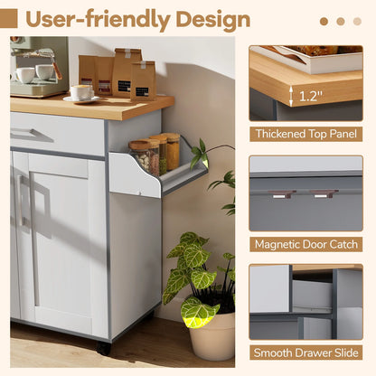 Giantex Kitchen Island Cart with Storage Cabinet on Wheels, Spice Rack Towel Rack & Drawer, Gray