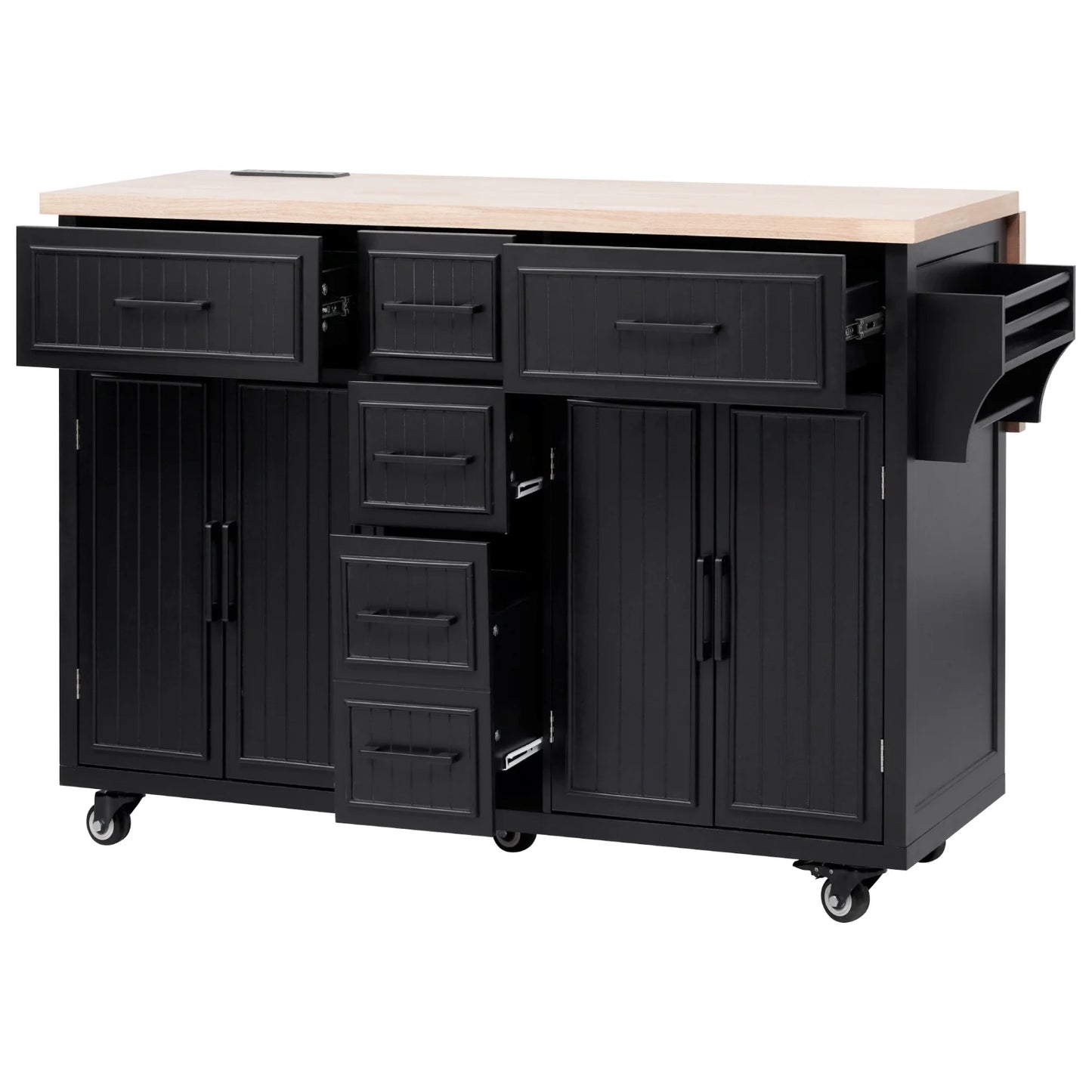 Kitchen Island with Storage, Rolling Kitchen Island on Wheels with Charging Station, Kitchen Cart Island Table with Drop Leaf, Drawers, Cabinets, Spice Rack, Towel Rack, Black