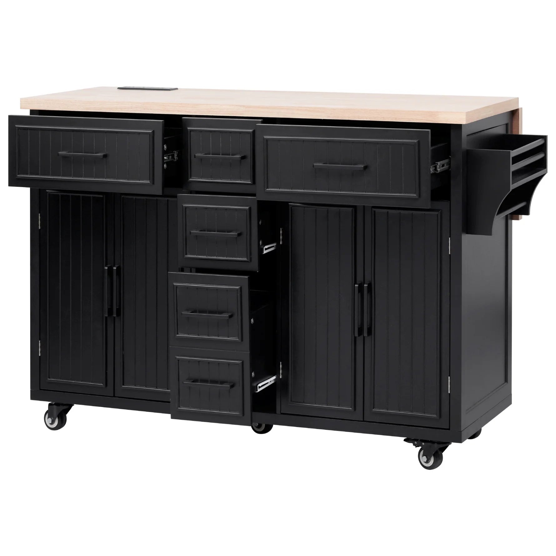 Kitchen Island with Storage, Rolling Kitchen Island on Wheels with Charging Station, Kitchen Cart Island Table with Drop Leaf, Drawers, Cabinets, Spice Rack, Towel Rack, Black