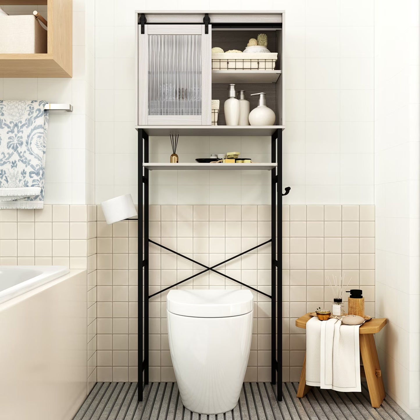 HLR Bathroom Storage Cabinet over Toilet with Sliding Door,Toilet Storage Iron Shelf, Wooden Cabinet