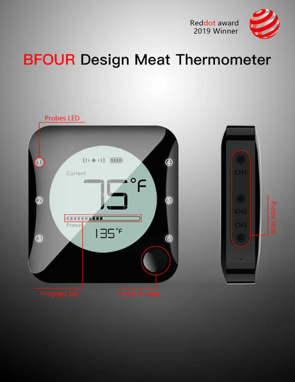 BFOUR Wireless Meat Thermometer, Bluetooth Meat Thermometer with 3 Probes, LCD Thermometer for Grilling Smoker