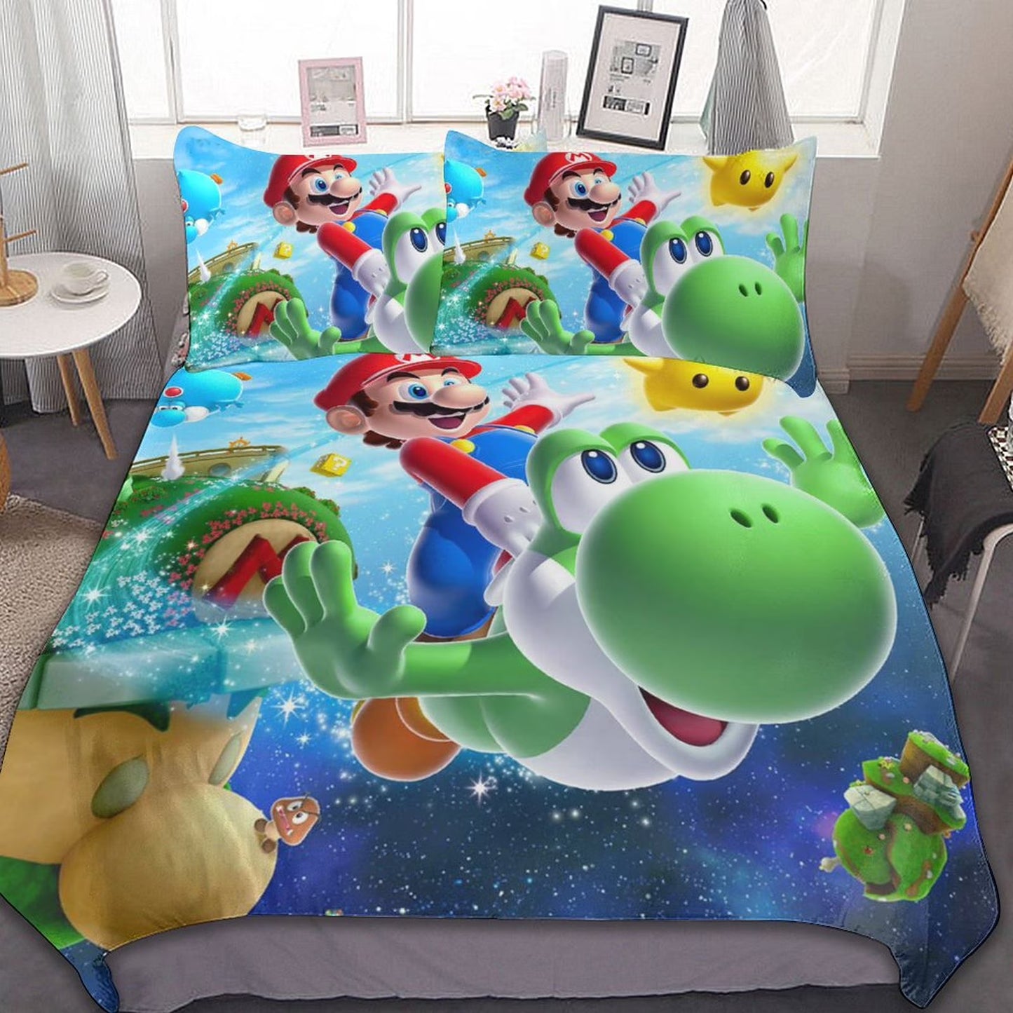 Super Mario Galaxy 3 Piece Bedding Sets Decor Comforter Sets With One Duvet Cover Two Pillow Shams