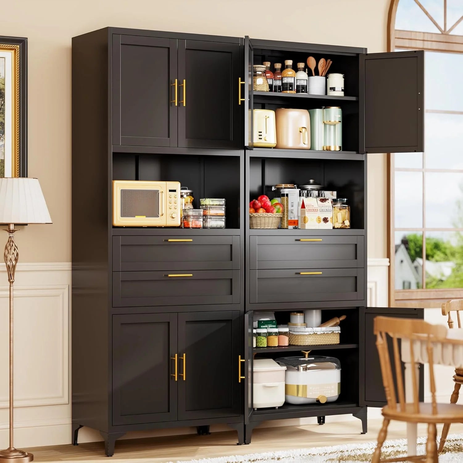 75° Tall Kitchen Pantry Storage Cabinet, Metal Storage Cabinet with 2 Drawers and Adjustable Shelves, Kitchen Pantry Cupboard, Freestanding Cupboard for Bathroom, Living Room(Black)